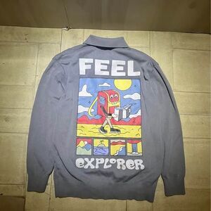 Zara Feel Explorer graphic sweater in a greyish-blue color size medium